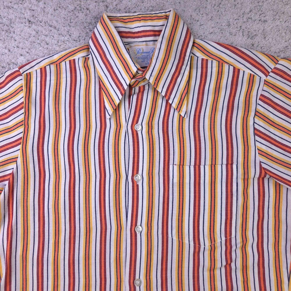 VTG Disco Shirt Mens 15.5 Medium Dagger Collar Stripe Rockabilly Orange 70s GUC